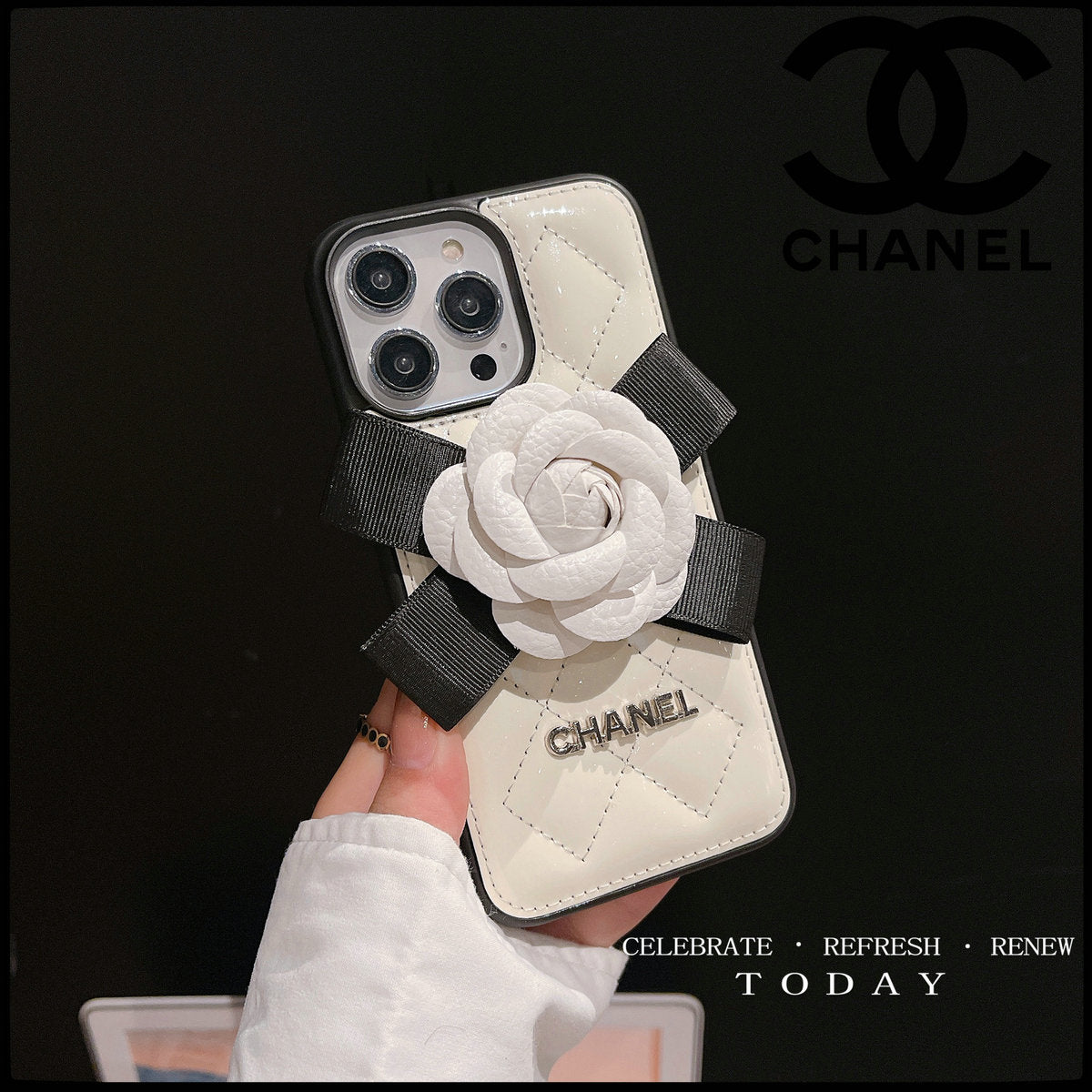 CC 2023 Patent Leather Three-dimensional Flower Case