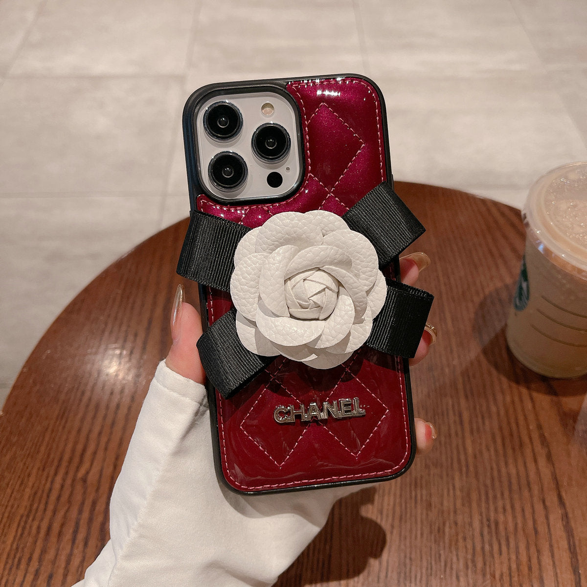 CC 2023 Patent Leather Three-dimensional Flower Case