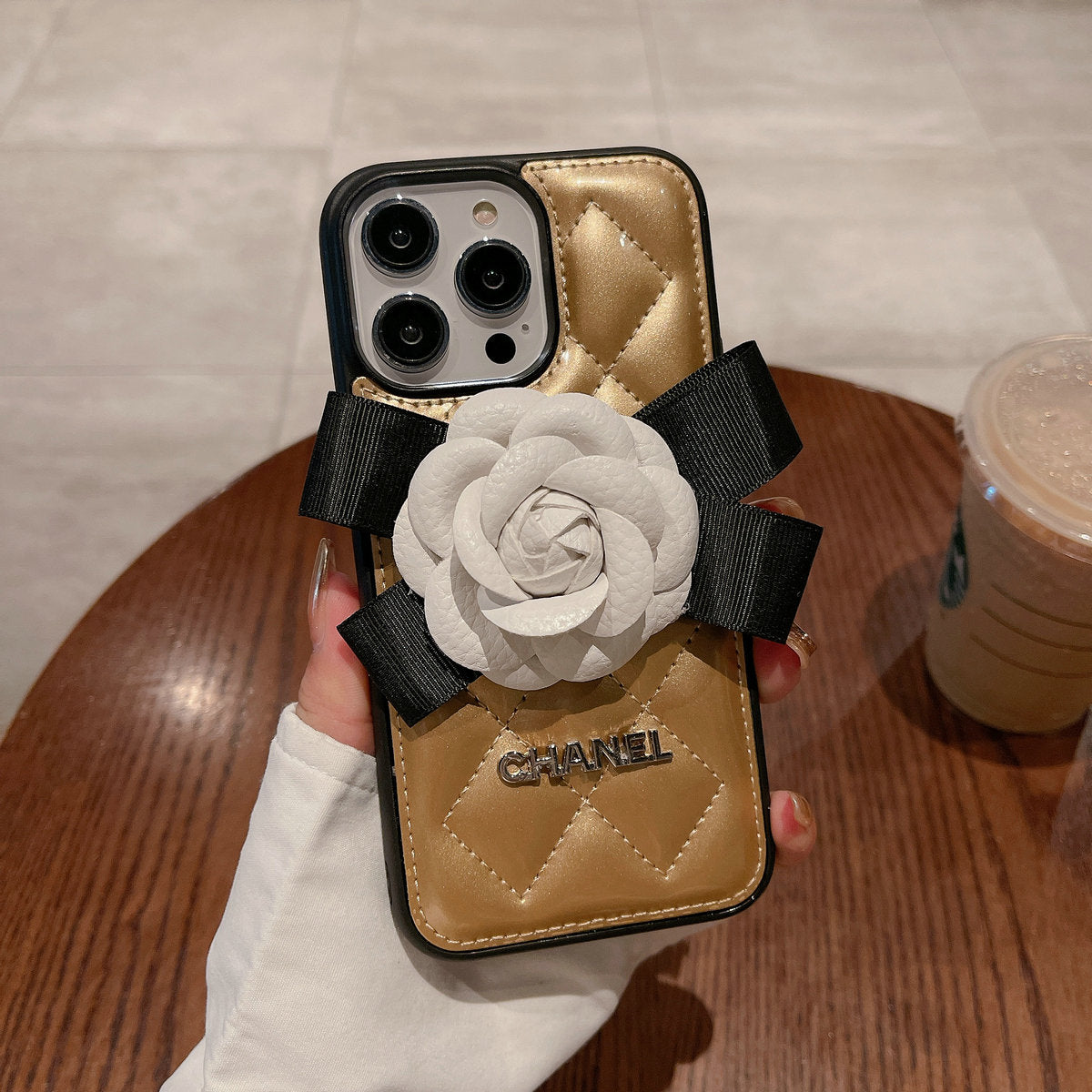 CC 2023 Patent Leather Three-dimensional Flower Case